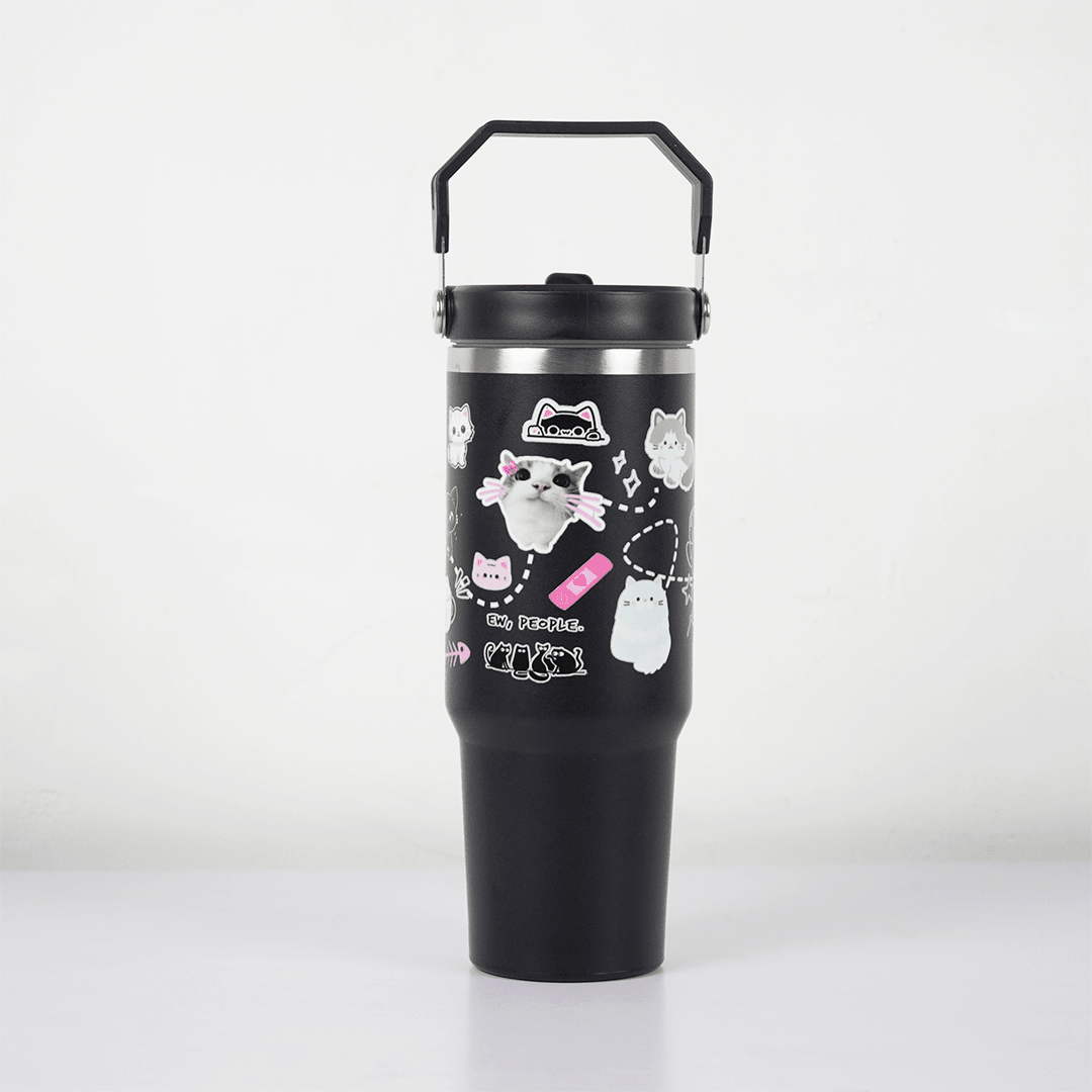 Cute Cat Insulated Tumbler with Handle Black - Memories InsiteOSIS BLACK CUTE CAT INSULATED TUMBLER 890ML